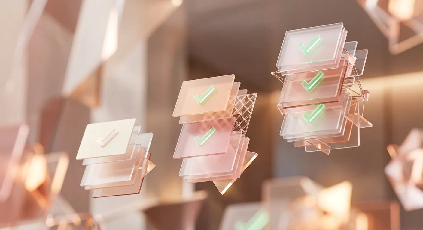 Abstract 3D render of translucent glass cards with checkmark symbols in soft rosé and cream tones