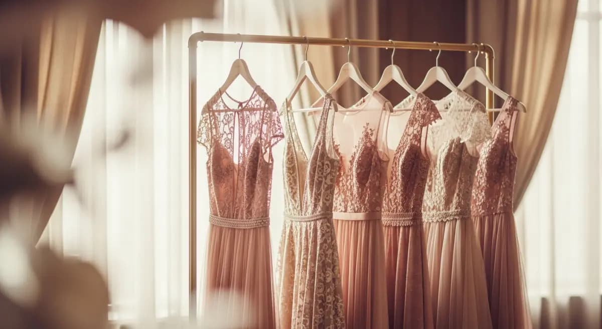 Elegant haute couture dresses on a golden clothing rack with warm atmospheric lighting