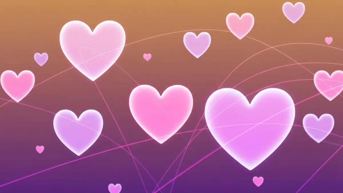 Abstract holographic heart shapes floating in a warm pink and lavender gradient atmosphere with delicate light trails