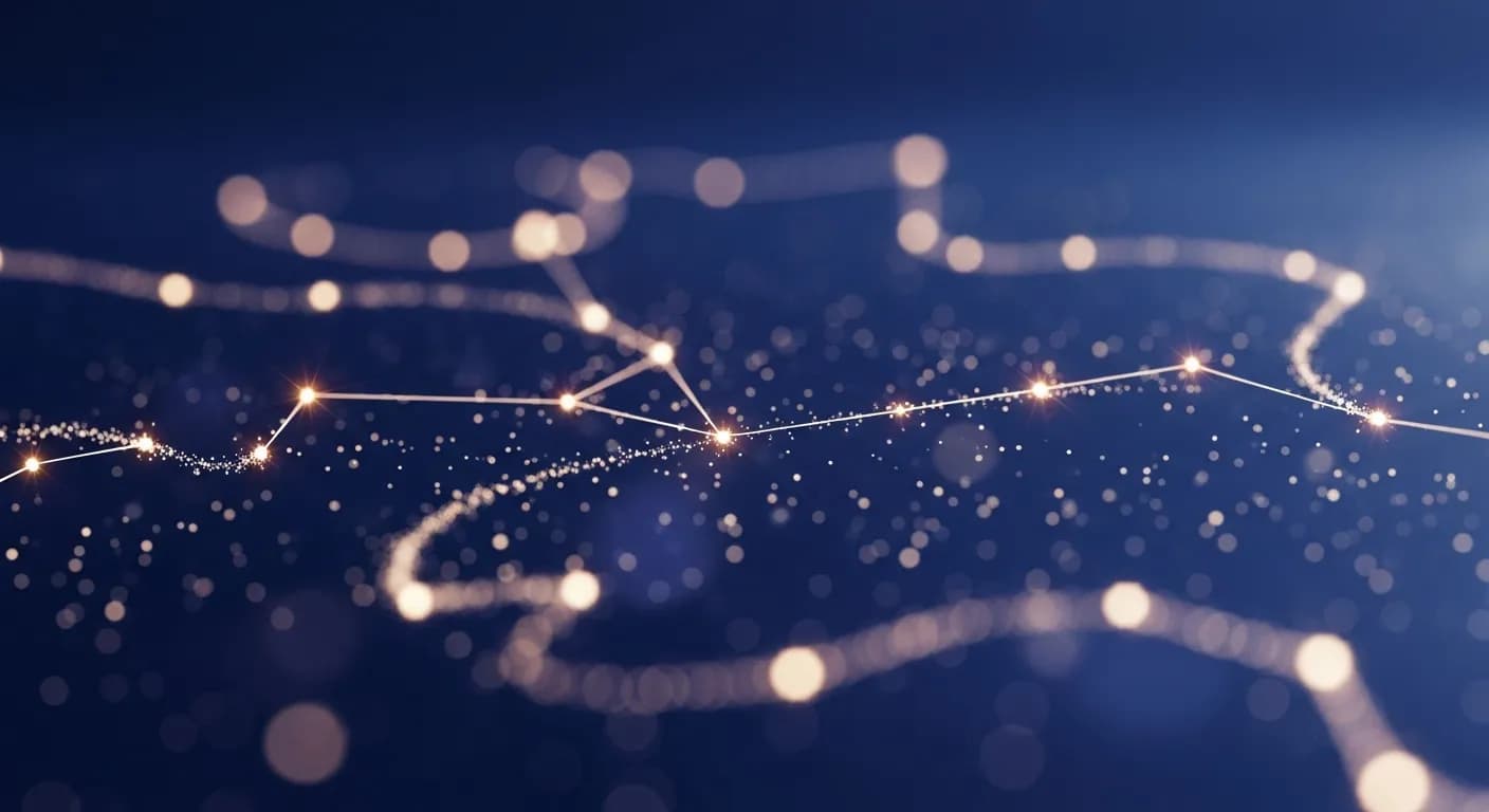 Abstract constellation pattern with softly glowing interconnected stars against a deep indigo sky, creating a dreamy romantic atmosphere with ethereal light trails