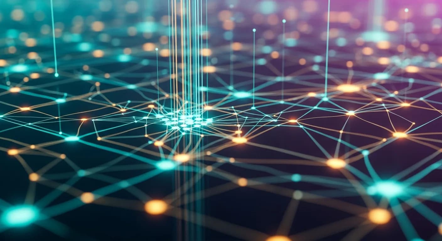 Abstract network of interconnected glowing nodes in teal and amber tones representing AI character chat platforms