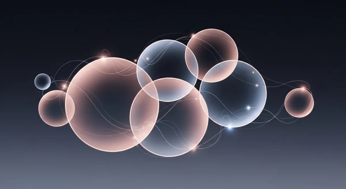 Abstract digital art of translucent overlapping circles in rose gold and soft blue tones floating over a dark gradient background, with ethereal light trails suggesting connection and technology